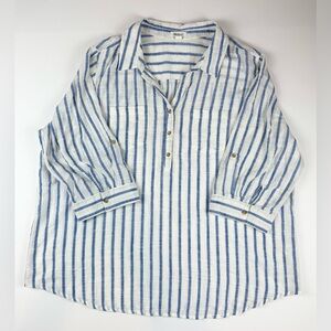 Westport Women's Nautical Blue White Button Down Striped Blouse, Plus Size 3X